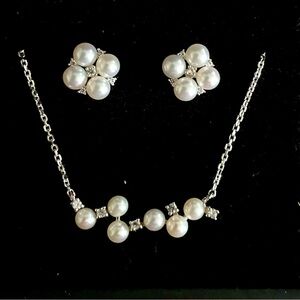 NWT White Gold Pearl & Diamond East-West Cluster Necklace w/ Matching Earrings